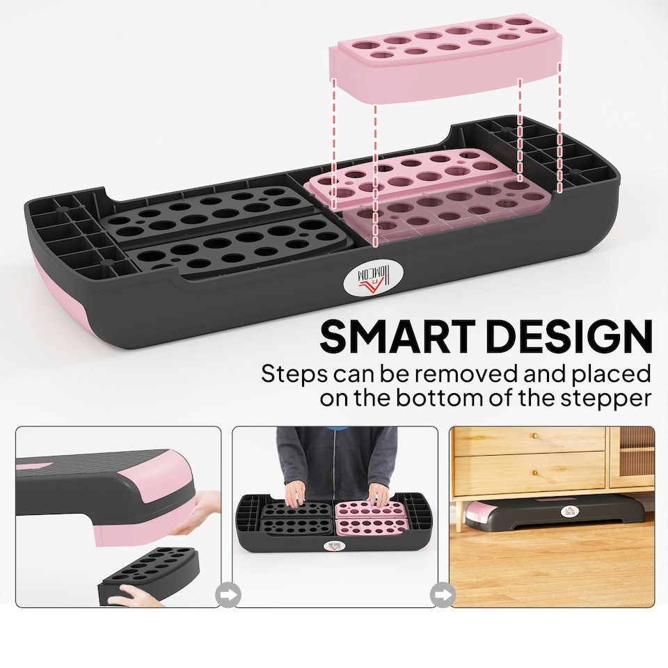 image 1 of HOMCOM Aerobic Step Three-Level Adjustable Exercise Stepper, Black and Pink