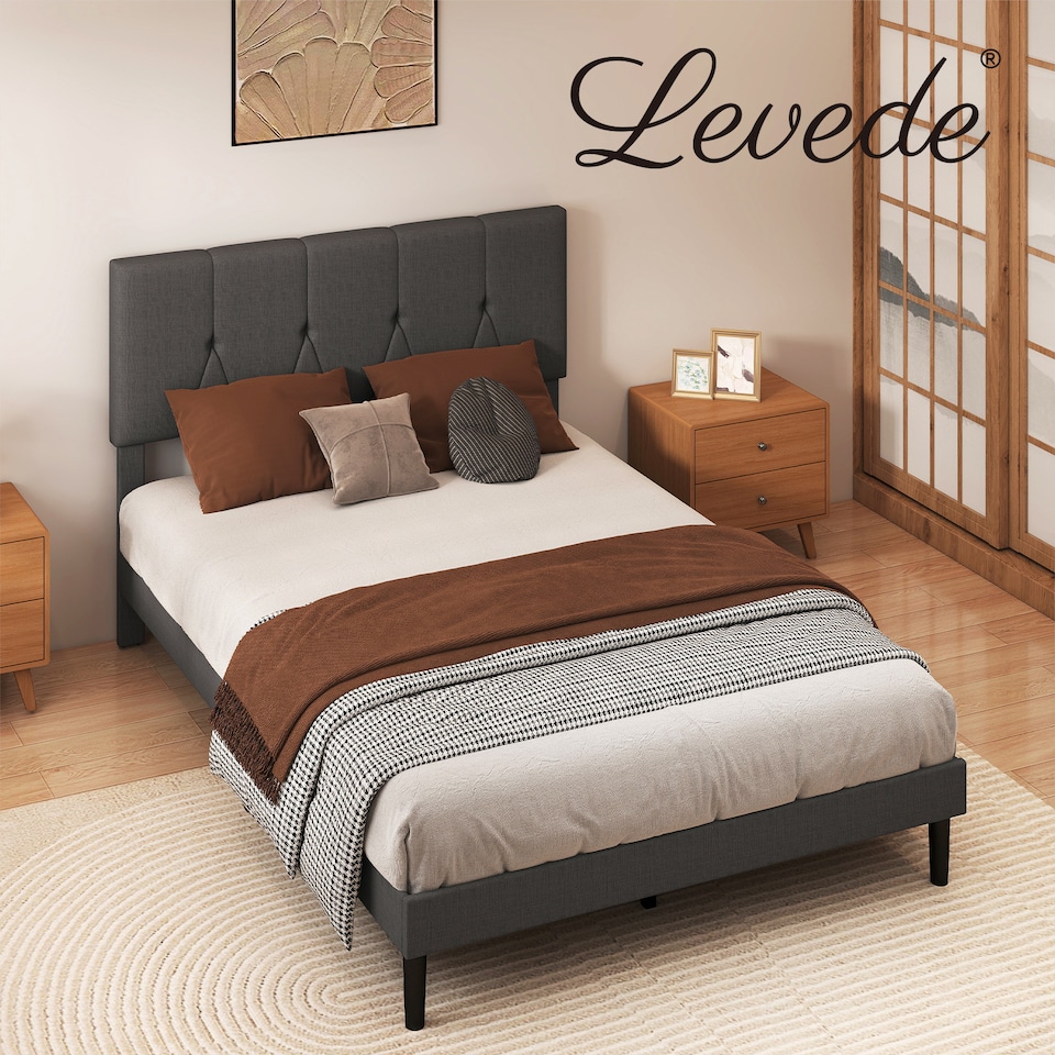 image 1 of Levede Double Bed Frame Upholstered Linen Fabric Wooden Slats with Headboard | Grey | Double | Double