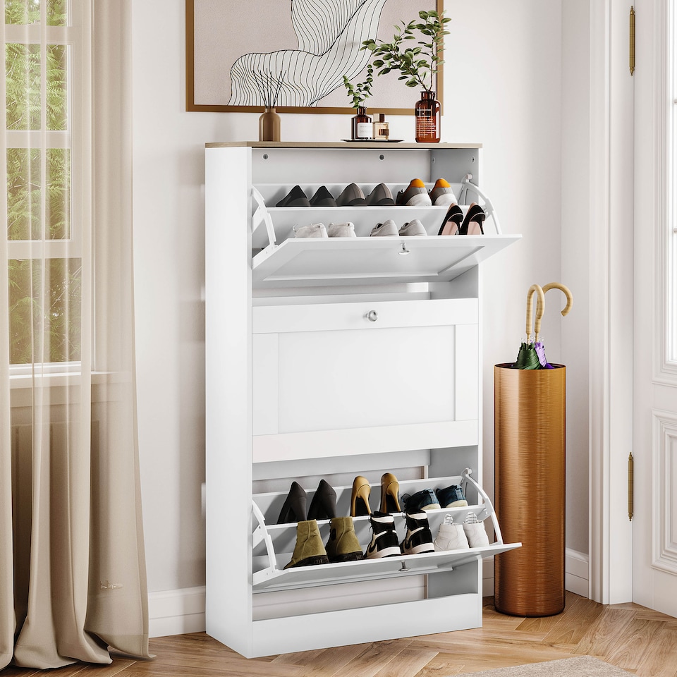 image 1 of Vida Designs 3 Drawer Shoe Cabinet Hallway Home Entrance Storage Unit, White & Oak