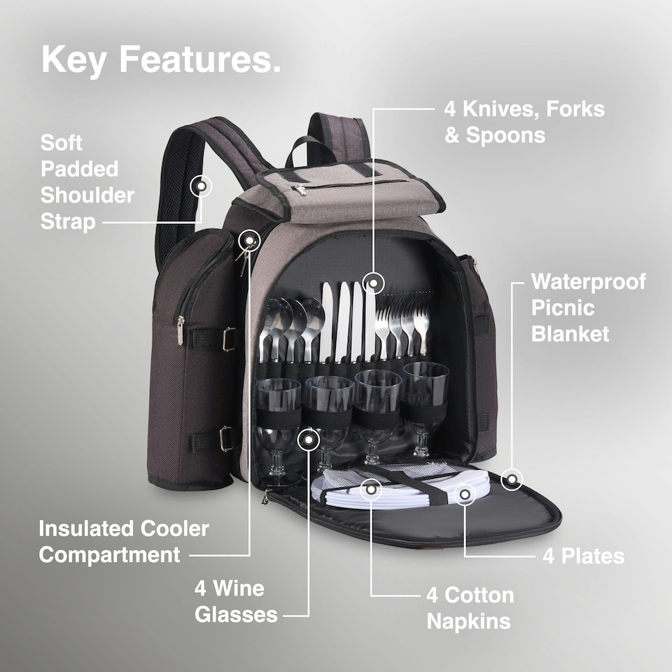 image 1 of VonShef Picnic Backpack, 4 Person Grey Insulated Picnic Bag with Dining Set