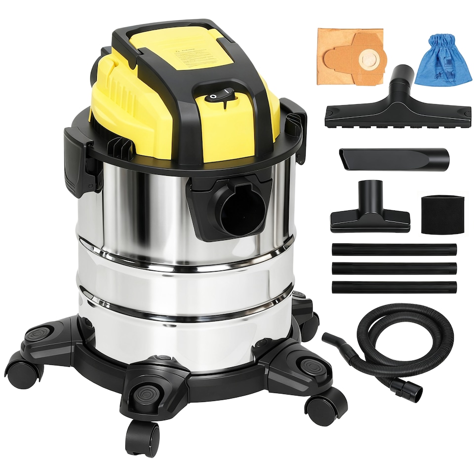 image 1 of HOMCOM 3-in-1 Wet and Dry Vacuum Cleaner, 1200W Wet & Dry Vacuum Cleaner with Blowing Mode, 20L Stainless Steel Tank, Triple Filters, Crevice Nozzle for Workshop, Home, Carpet, Car Cleaning, Yellow