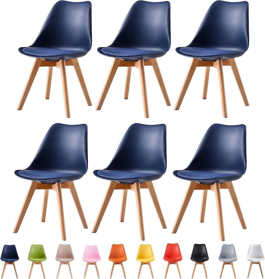 image 1 of Set of 6 Dining Chairs with Solid Wooden Legs and Seat Cushion Pads in Blue - Eva by MCC