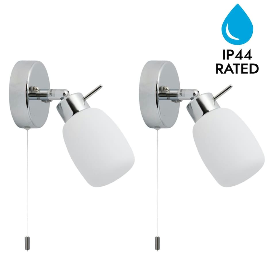 image 1 of First Choice Lighting Set of 2 Brom Chrome Opal Glass IP44 Pull Cord Bathroom Wall Spotlights Chrome