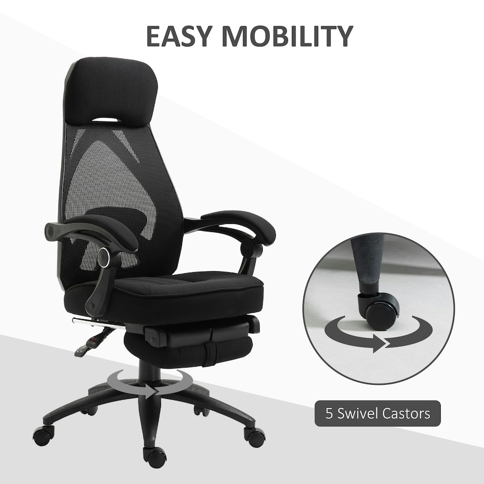 image 1 of Vinsetto Mesh Swivel Task Chair for Home Office Desk Recliner w/ Footrest Black