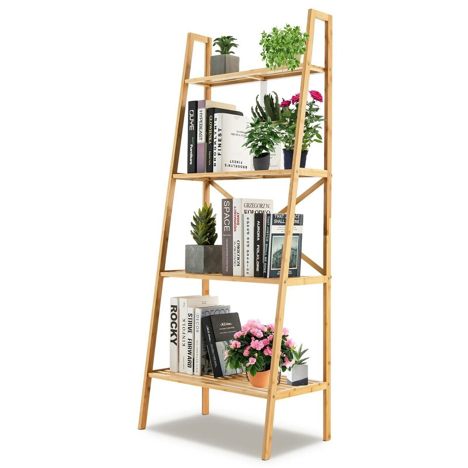 image 1 of COSTWAY 4-Tier Ladder Shelf Bookcase Storage Organizer Brown