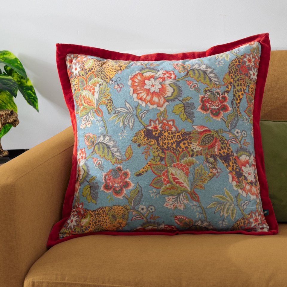 image 1 of Wylder Tropics Jawai Printed Velvet Cushion, Aegan/Tiger, 50 x 50cm