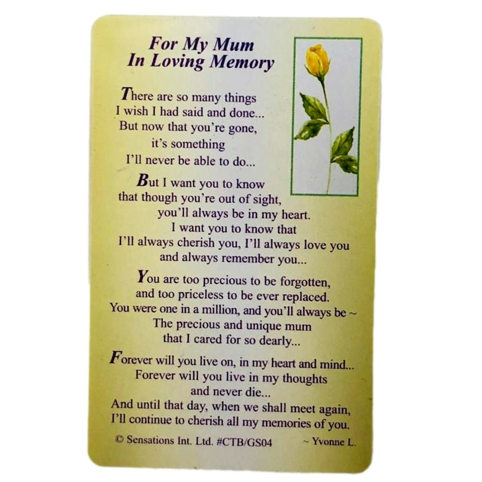 image 1 of For My Mum In Loving Memory...Wallet Card (Sentimental Keepsake Wallet / Purse Card)