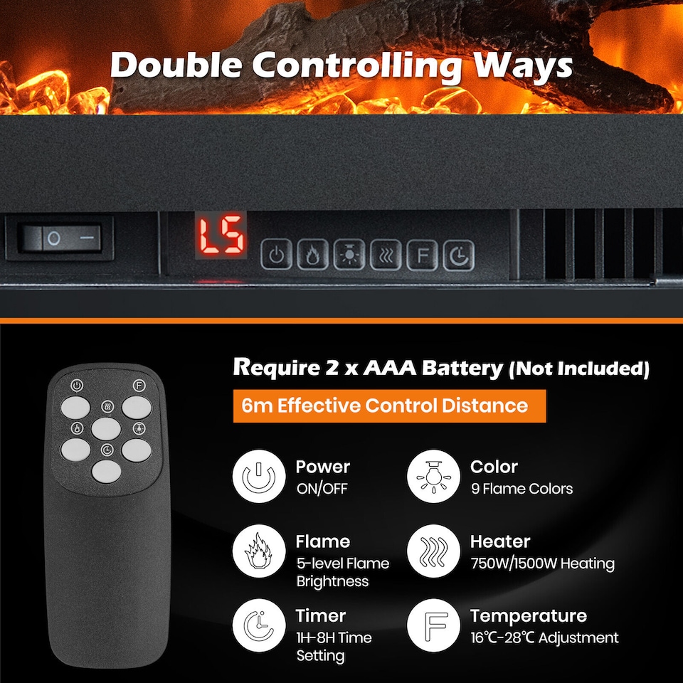 image 1 of COSTWAY Wall-Mounted Recessed Freestanding Fireplace Black