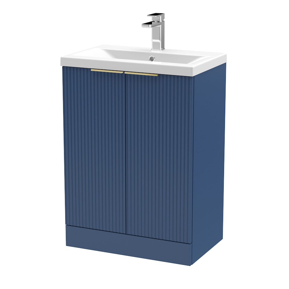image 1 of Balterley Fluted Front Floor Standing 2 Soft Close Door Bathroom Vanity Unit with 1 Tap Hole Basin, Handles | Blue | Satin Blue