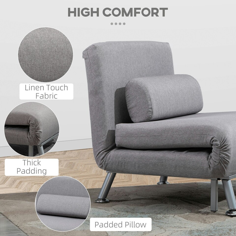 image 1 of HOMCOM Folding 5 Position Convertible Sleeper Chair Sofa Bed Grey Silver