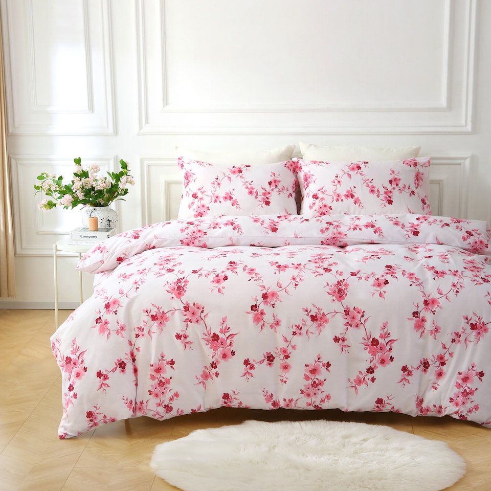 image 1 of Sakura Blossom Soft Easy Care Bed Linen Bedding Duvet Cover Quilt Set With Pillow Cases | Pink | Double