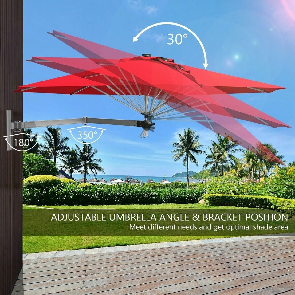 image 1 of COSTWAY Garden Wall Mounted Cantilever Parasol Tilting Umbrella Red