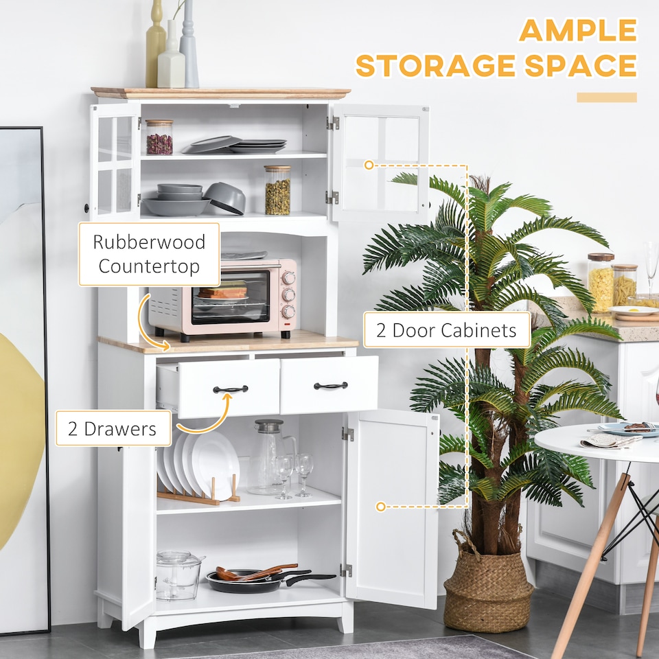image 1 of HOMCOM Freestanding Kitchen Cupboard, Kitchen Storage Cabinet with Framed Glass Doors, 2 Drawers, Microwave Counter, 172cm, White