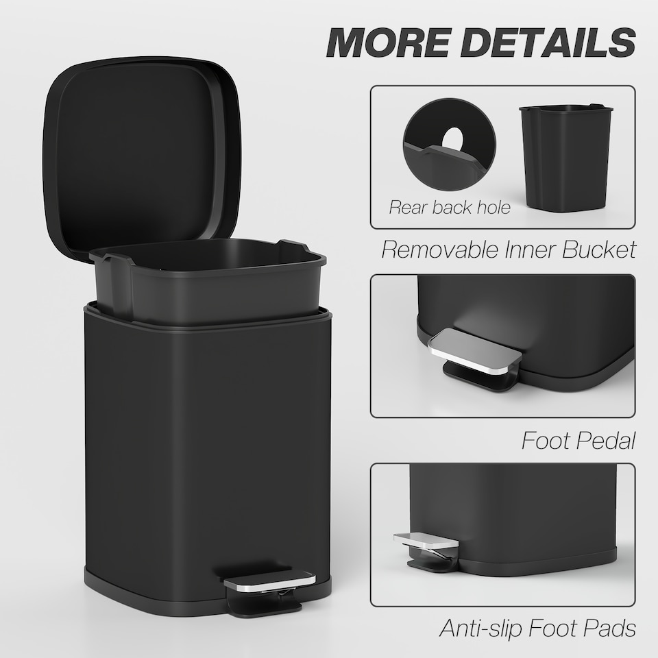 image 1 of HOMCOM 12 Litre Pedal Bin, Fingerprint Proof Kitchen Rubbish Bin with Soft-close Lid, Foot Pedal and Removable Inner Bucket for Recycling and Waste, Black | Black | 1