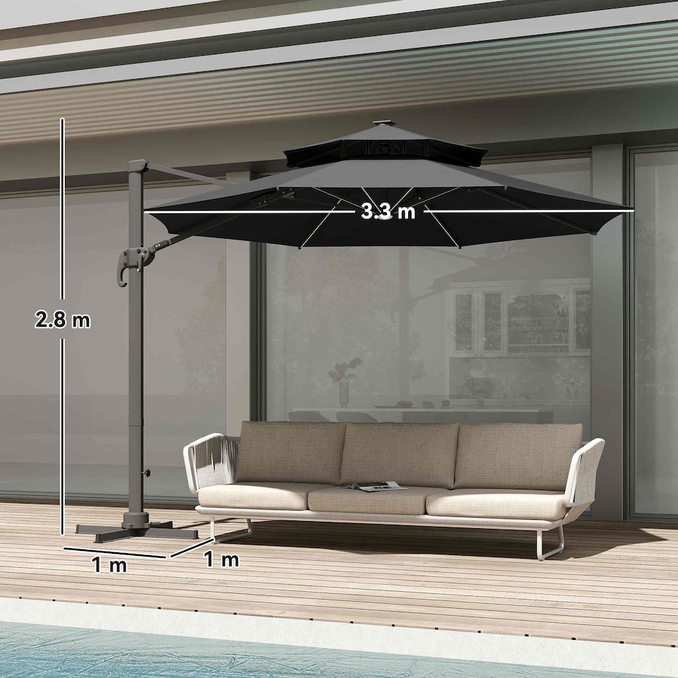 image 1 of Outsunny 3 m Cantilever Roma Parasol with LED Solar Lights, Crank and Tilt, Aluminium Frame, Cross Base and Adjustable Canopy 360 Rotating Sun Umbrella with 2Tier Shade, Grey