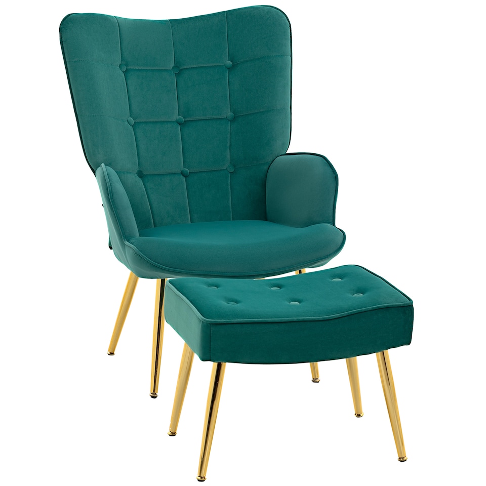 image 1 of HOMCOM Modern Armchair with Footstool, Upholstered Accent Chair with Ottoman, Steel Legs, Velvet Wingback Chair for Living Room, Bedroom, Home Study, Dark Green