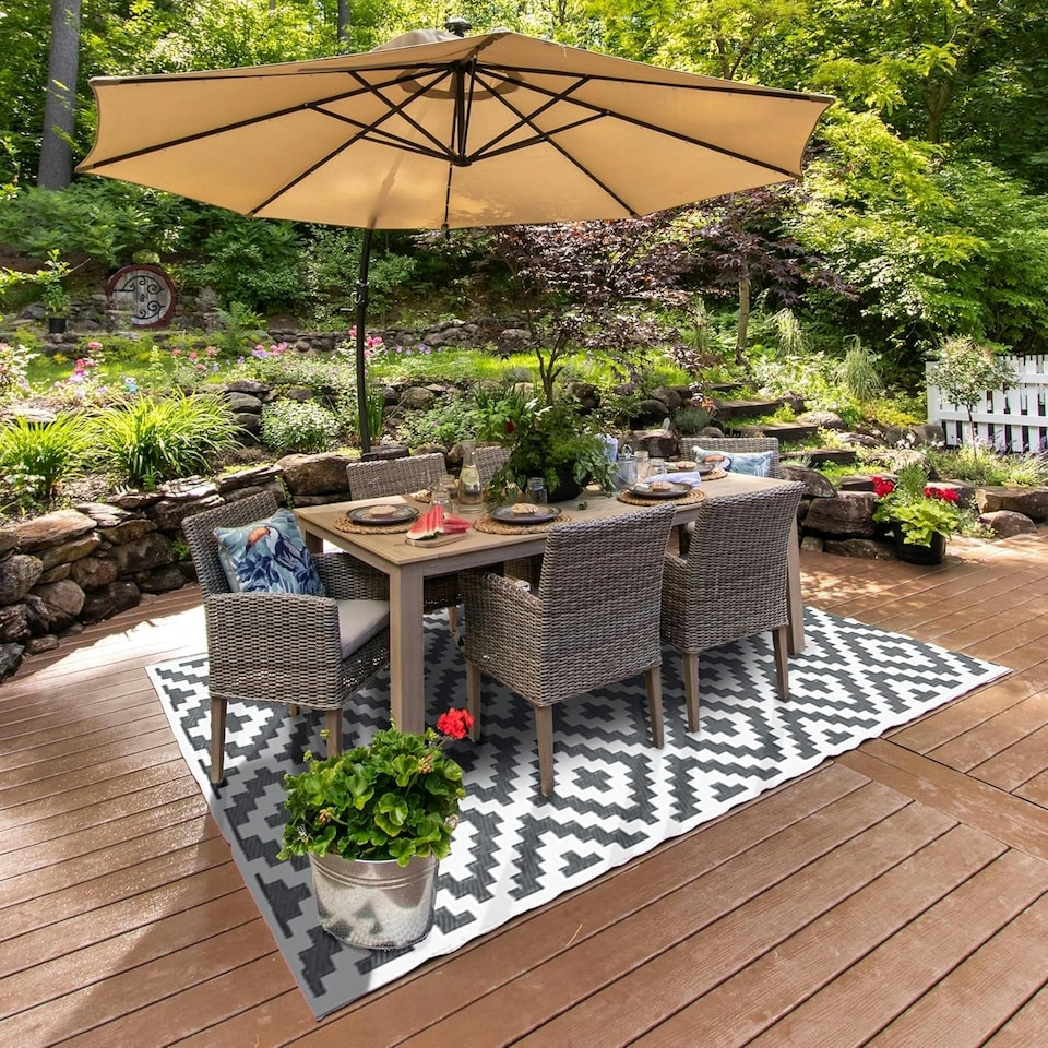 image 1 of Marco Paul Grey Aztec Outdoor Rug 180x120cm Black | white | 180 x 120cm