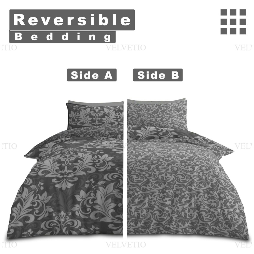 image 1 of VELVETIO Ananias Damask Complete Duvet Cover Set with Fitted Sheet Printed Bedding Quilt Grey | Single
