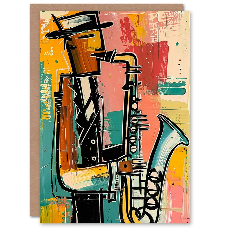 image 1 of Abstract Jazz Music Saxophone Player Man Him Birthday Card