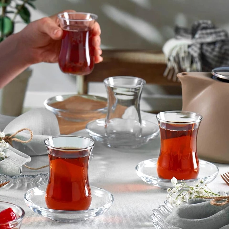 image 1 of 6 Pcs 120ml Glass Tea Cup & Saucer Set Coffee Cuppa Breakfast Gift Set