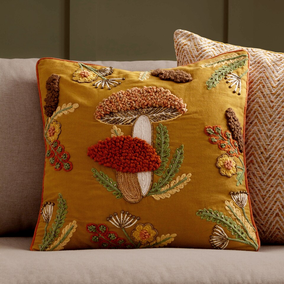image 1 of Wylder Mushroom Dell Embroidered Cotton Cushion, Autumn Gold, 45 x 45cm