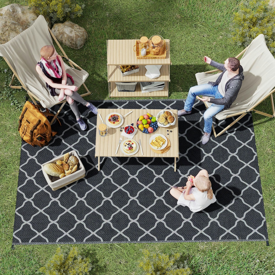 image 1 of Outsunny Reversible Waterproof Outdoor Rug W/ Carry Bag, 182 x 274 cm Black | Black