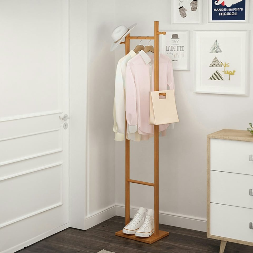 image 1 of Living and Home Wooden Slim Clothing Rack with Hooks | Multi