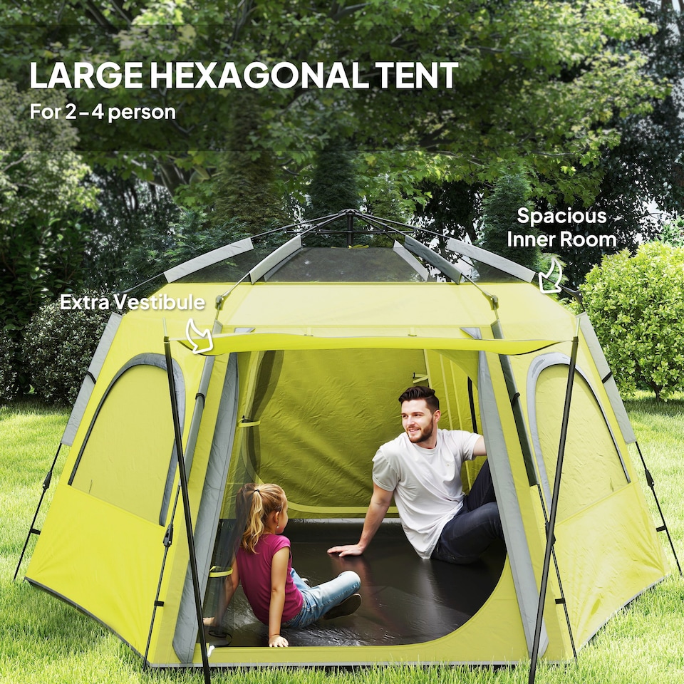 image 1 of Outsunny Instant Camping Tent, 4 Person Easy Setup Dome Tent | Yellow | Yellow | 2.8L x 2.4W x 1.55H m