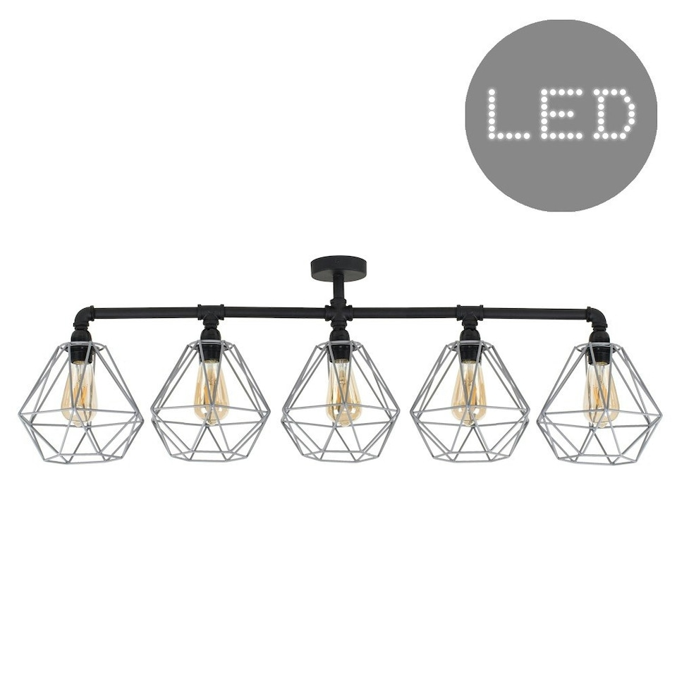 image 1 of ValueLights Luiggi Matte Black Semi-Flush Light with Grey Tapered Shade and E27 Pear LED 4W Warm White 2700K Bulb