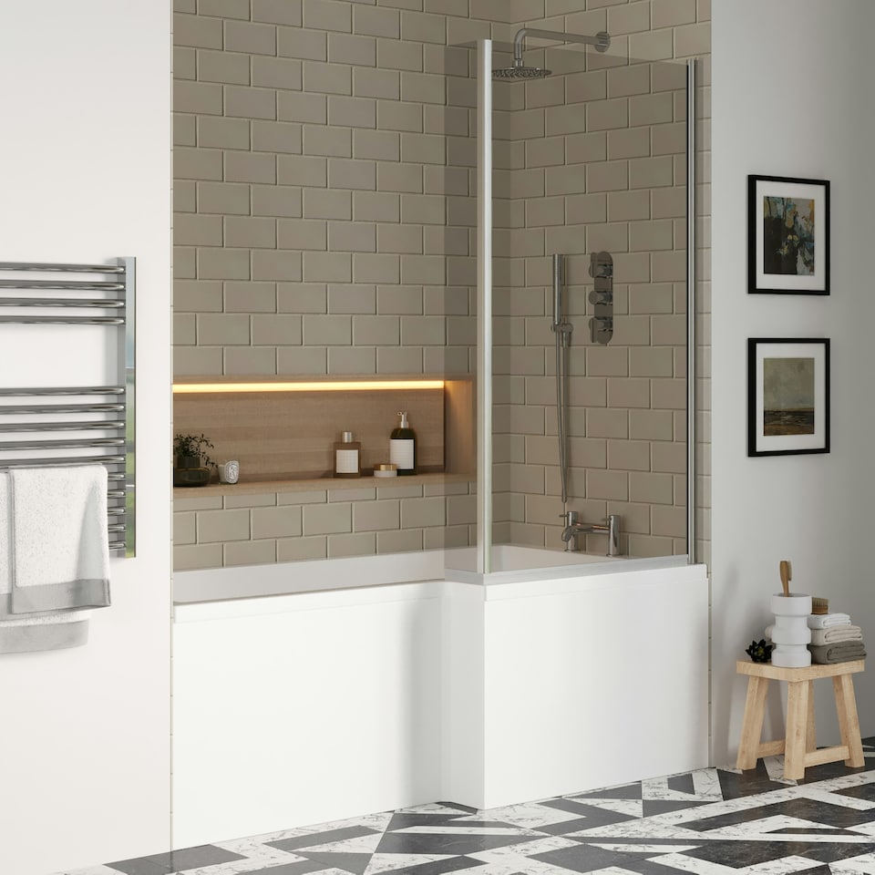 image 1 of 1700mm Right Hand L Shape Bathtub, Front Panel with Bath Screen - Chrome Profile White