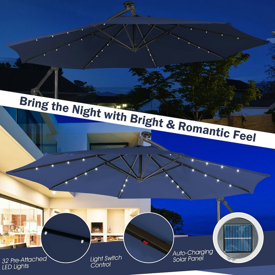 image 1 of COSTWAY 10FT Cantilever Parasol Patio Offset Umbrella LED Lights Blue