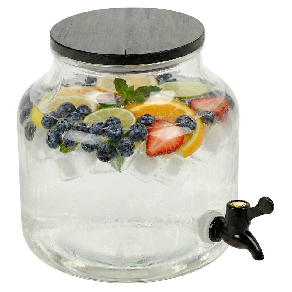 image 1 of 5.2L Glass Beverage Dispenser with Tap & Wooden Lid