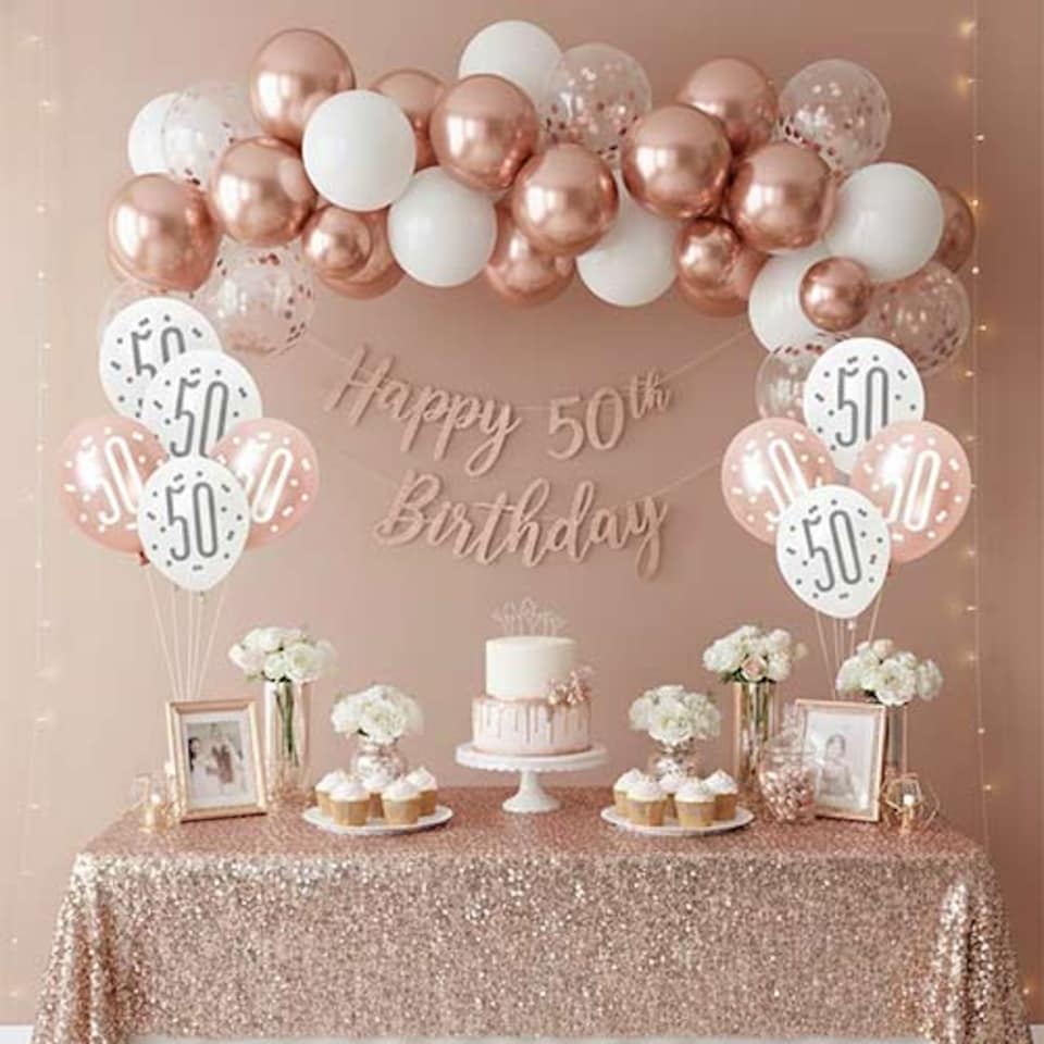 image 1 of Rose Gold Glitz Platinum & Pearl 50th Birthday Latex Balloons 30cm / 12 in - Pack of 6