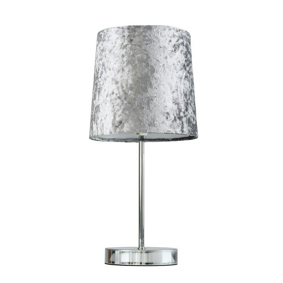 image 1 of ValueLights Polished Chrome Table Lamp with a Silver Grey Velvet Shade - Complete with a 4w LED Bulb 3000K Warm White