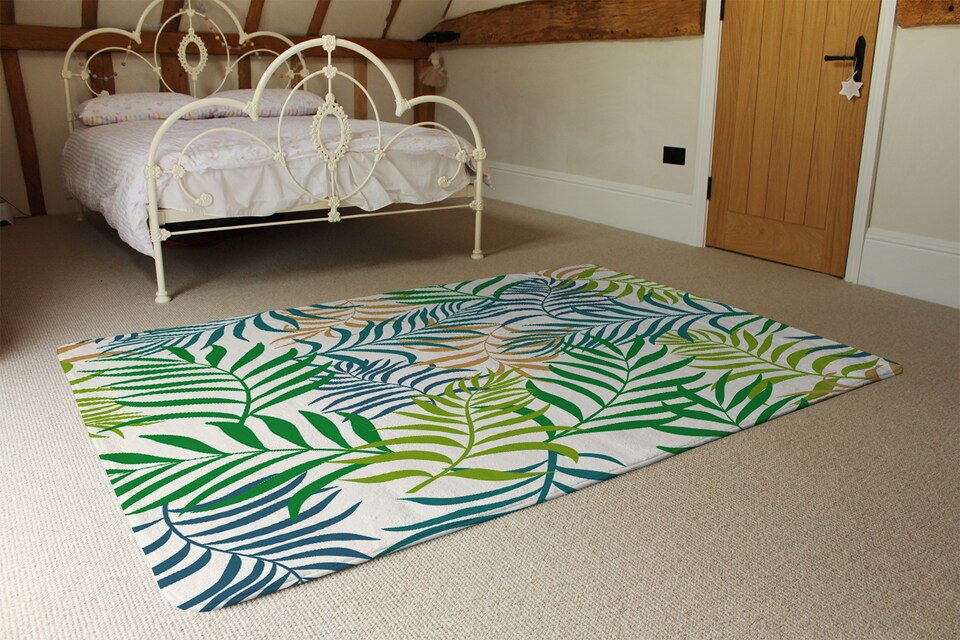 image 1 of Green Tropical Palm Leaves Designer Rug | Multi