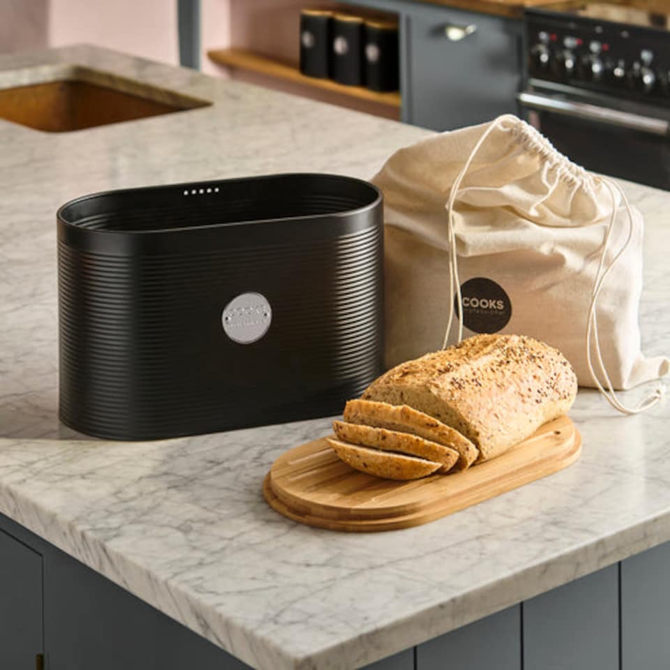 image 1 of Cooks Professional Ribbed Bread Bin, Linen Bag & Bamboo Board Set with Silver Label | Black | Black & Silver | 1