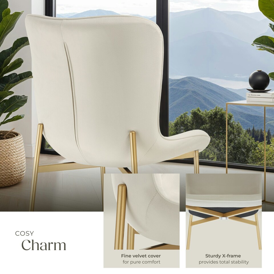 image 1 of Dining Chair Tessa - ergonomic high backrest, slim steel legs, soft fabric - Set of 2 Cream | Velvet Look Beige/Gold