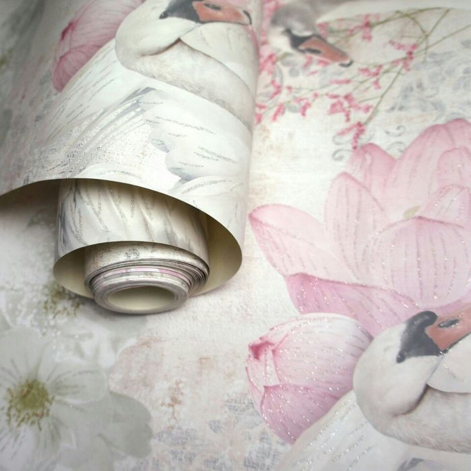 image 1 of Holden Décor Swan Glitter Wallpaper - Pink - 10m x 53cm Pink