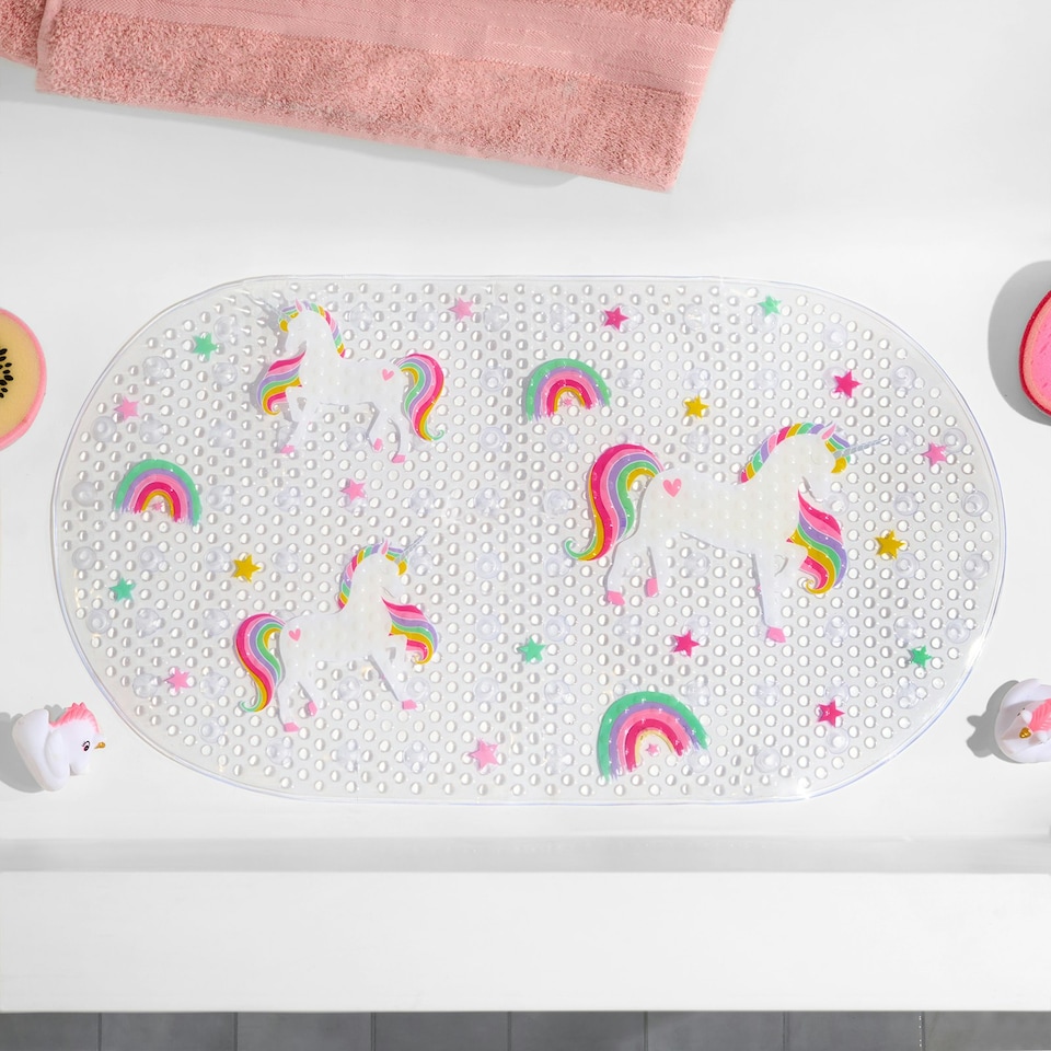 image 1 of OHS Kids Unicorn Print Anti-Mould Suction Cup Non-Slip PVC Inside Shower Bath Mat Clear | 39 x 69cm
