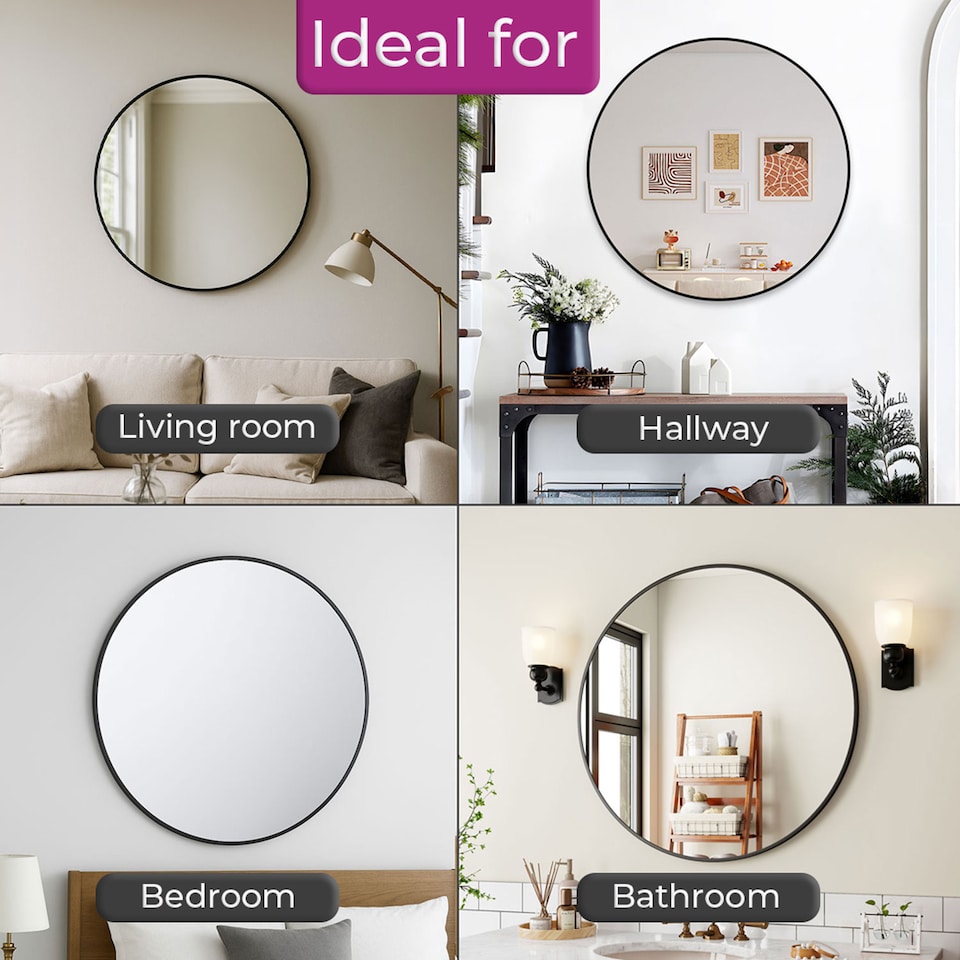 image 1 of Neo 60cm Black Round Metal Frame Wall Mirror Float Glass HD Reflection Anti Rust Moisture Proof Wall Mounted Bathroom Bedroom Hallway Living Room Vanity | Black | Black