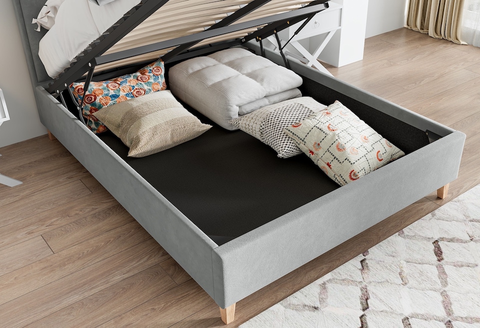 image 1 of 4ft6 Double Ottoman, Grey Velvet Fabric Upholstered,Lift Up,Storage, Pleated Bed Frame