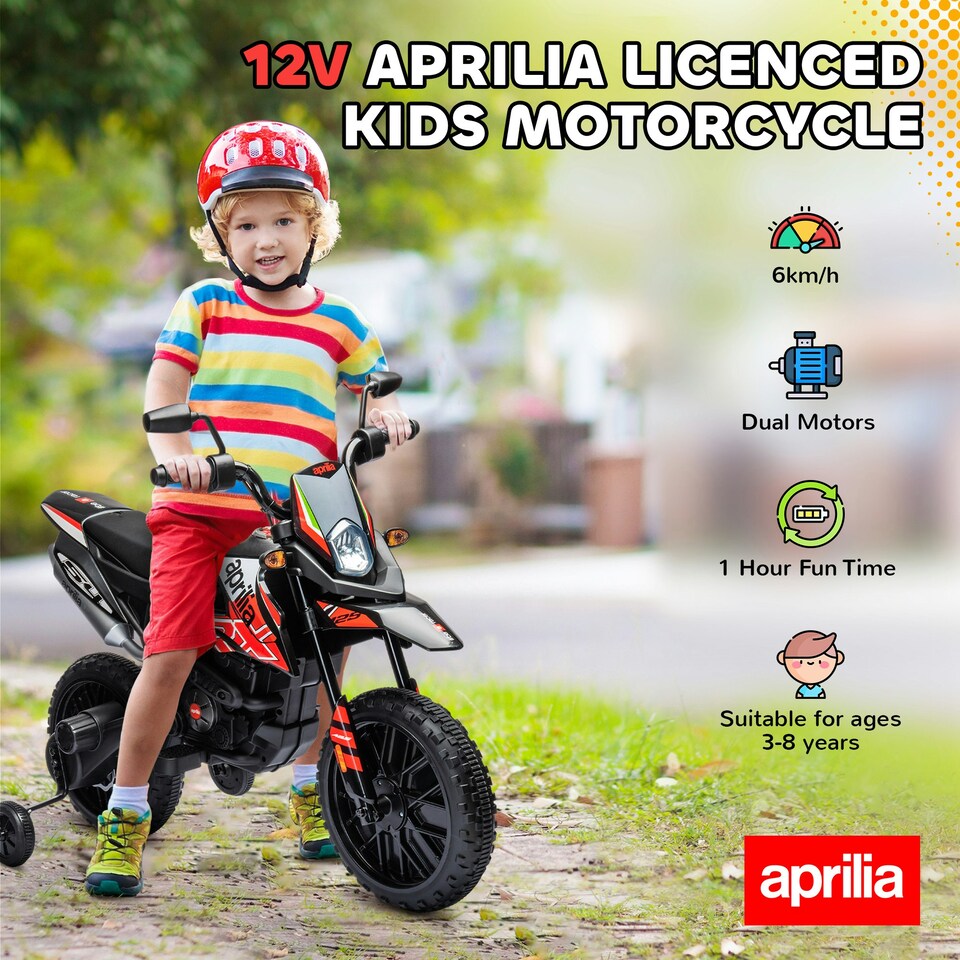image 1 of AIYAPLAY 12V Kids Motorbike Aprilia Licenced with Training Wheels, Red