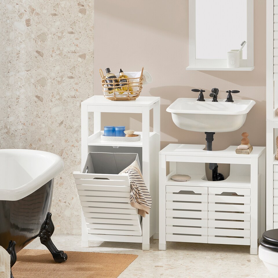 image 1 of SoBuy Bathroom Cabinet with Laundry Basket, White, 16.5x35.4x11.8 in, 12.8 kg - BZR67-W
