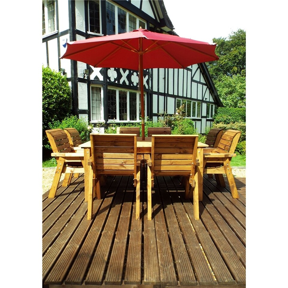 image 1 of Traditional Eight Seater Table Set with 8 x Burgundy Chair Cushions, 1 x Burgundy Parasol & Base & 1 x Cushion Storage Bag