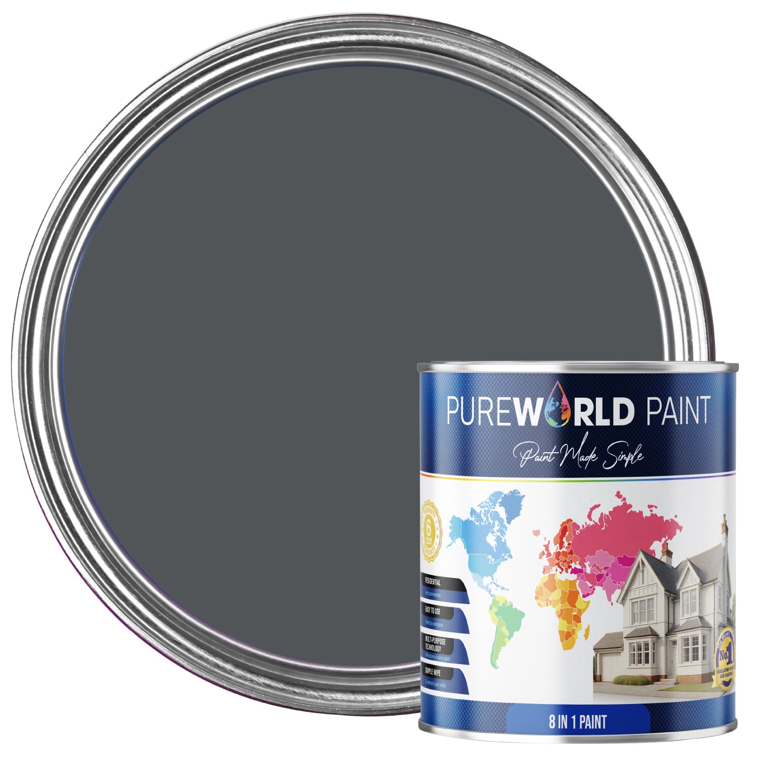 PUREWORLD All-in-One Paint & Primer - Multi-Surface Interior & Exterior, Walls & Wood - Dark Grey - 1L - Satin