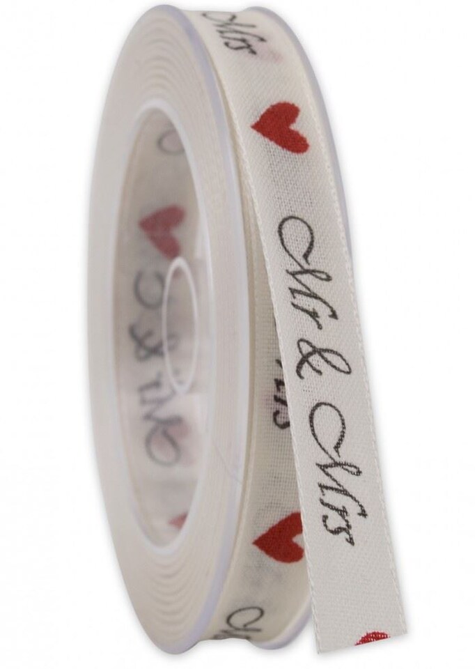 Minerva Cream 15mm Mr and Mrs Print Ribbon (Value Roll) for Dressmaking - per 20 metre roll