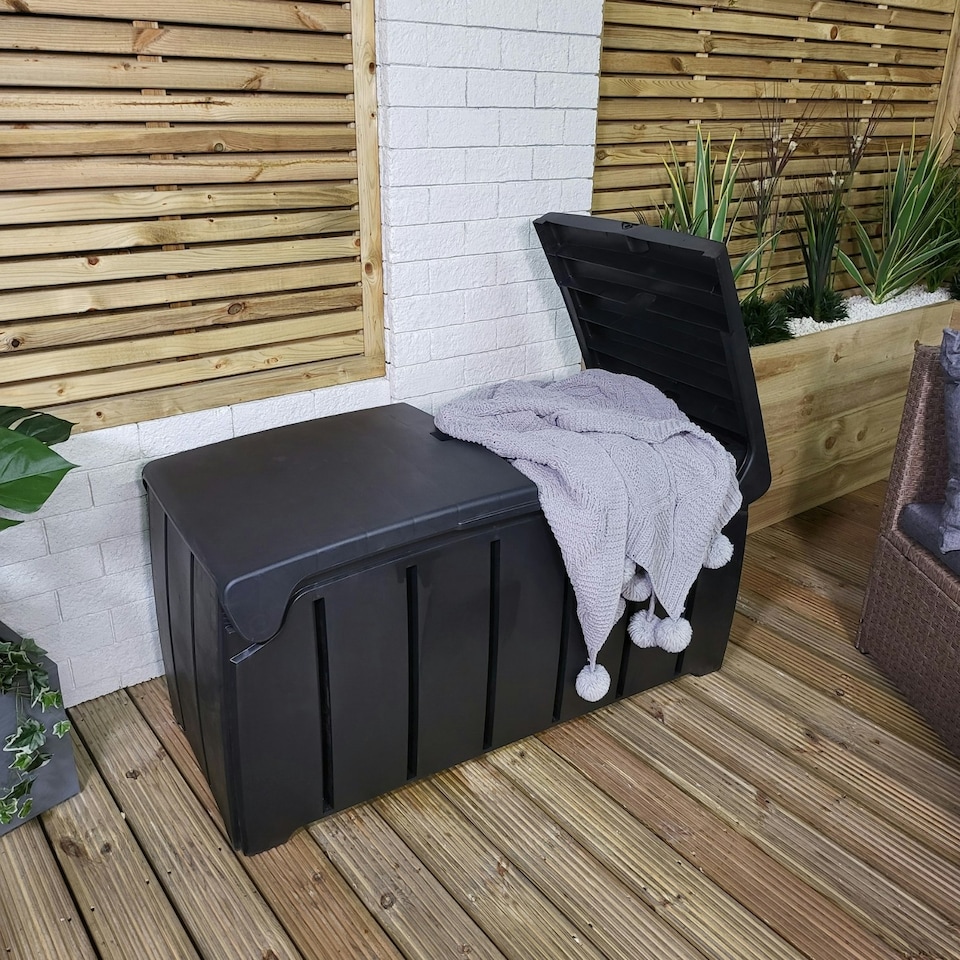 image 1 of Black 115cm x 55cm x 60cm Butterfly Opening Top 300 Litre Large Garden Storage Box Weatherproof with Padlock Hole Black
