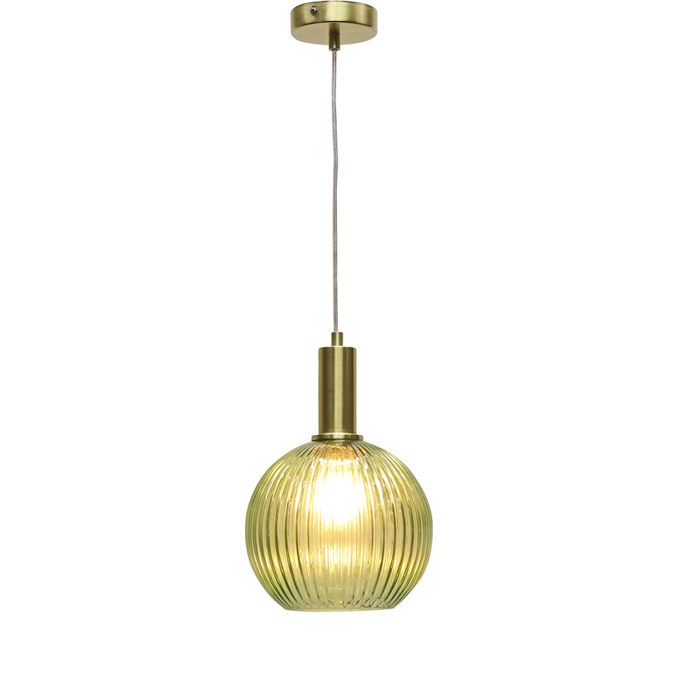 image 1 of Set of 2 Betchley - Green Ribbed Glass Globe Satin Brass Deco Pendants