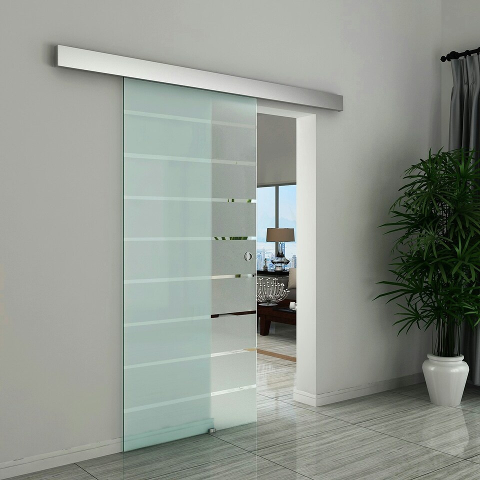 image 1 of HOMCOM 90cm Sliding Glass Door Set Frosted Stripe w/ Handle Living Room Office 
