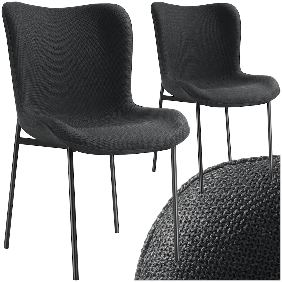 image 1 of Dining Chair Tessa - ergonomic high backrest, slim steel legs, soft fabric - Set of 2 Black | Woven Fabric Black/Black